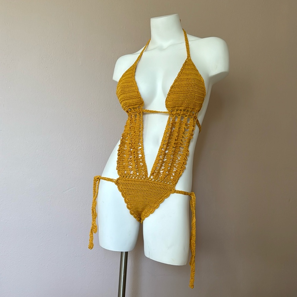 Hand crochet one piece bikini beachwear - mustard yellow